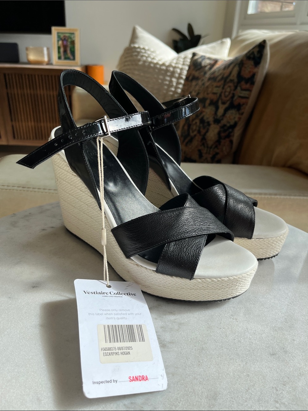 Black Leather Platform Espadrille Wedge Hogan Taille size 39